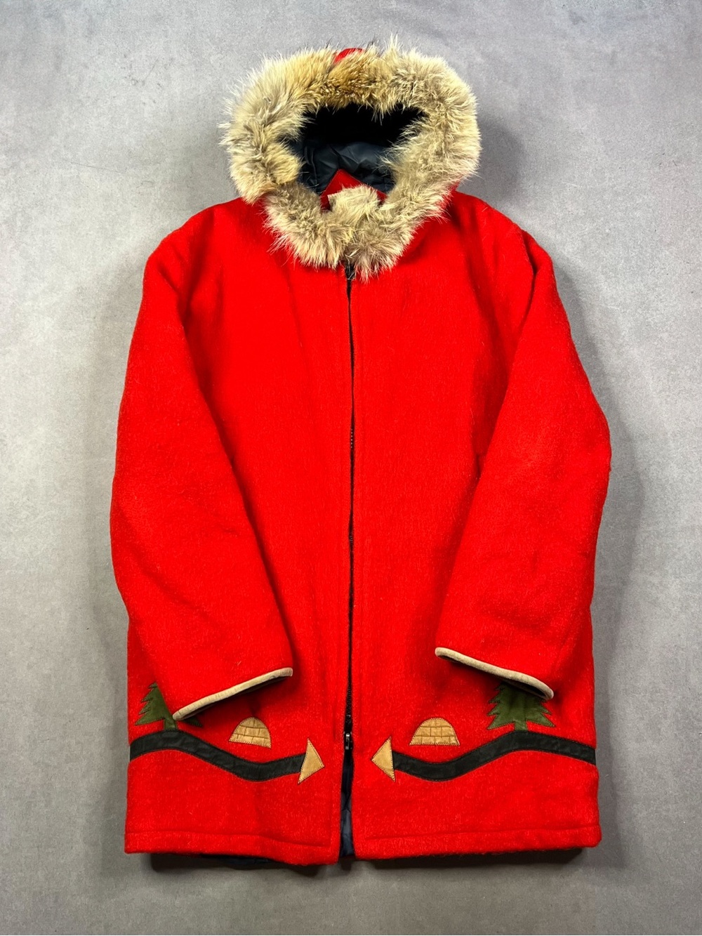 Vintage Hudsons Bay Red Fur-Trim Hooded Wool Parka Jacket